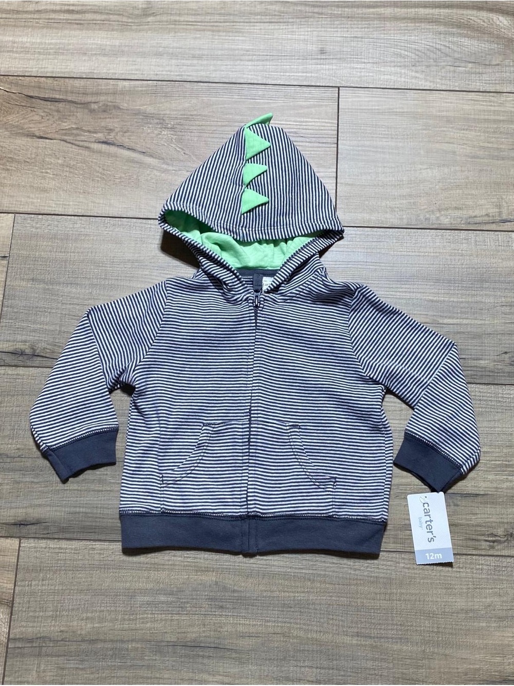 Carter's Baby Boys Striped Full Zip Dino Hooded Jacket 12 Months Gray White